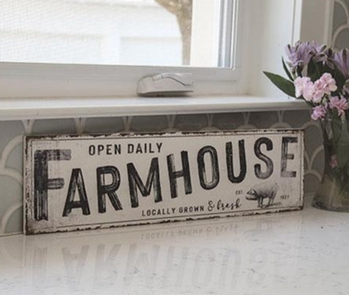 Open Daily Farmhouse Metal Sign – Country Harvest Crafts
